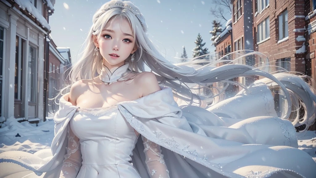 ((masterpiece:1.5、8k、Tabletop、フォトリアリスティックでVery detailedなCG、Very detailed、Particle Effects、Dynamic Effects、Written boundary depth、Cinematic Light、Lens flare、Ray Tracing、Tabletop、Realistic:1.4、Ultra-high resolution:1.2、Realistic、Realistic))((alone、,Woman wearing a white fur coat over an off-the-shoulder dress:1.4、Wear a long scarf、Elegant woman posing:、Detailed face、bright表情、young, bright, Whiter skin、Ample 、Best Looks、Ultimate beauty、Shiny silver hair with highlights、Bright and shiny hair,、Super long, Silky straight hair、Hair dancing in the wind))(morning、The setting is outdoors in the snow、Surrounded by illuminations)