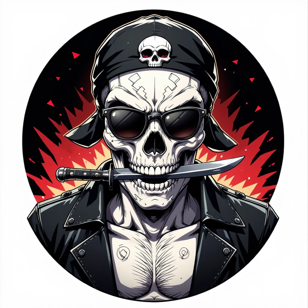 ((Masterpiece)), (ultra-detailed), ((logo art-style)), (8k resolution), A **portrait logo** featuring a **skull-headed badass character** wearing an **open-button black leather jacket**, a **bandana with a skull ornament**, and **black sunglasses** resting on the bridge of the skull’s nose. The skull grips a **dagger in its teeth**, with intricate **cracks and engravings** on the bone surface, emphasizing a fierce and intense aesthetic. The style incorporates sharp, bold lines with a **high-contrast palette** of black, white, and subtle red accents, adding a rebellious vibe. The background is minimalistic, with a **circle emblem** or gradient glow, creating a striking **logo-ready composition**. **(skull head, badass logo, leather jacket, detailed dagger, minimalist background, high contrast, 8k ultra-quality)**.  