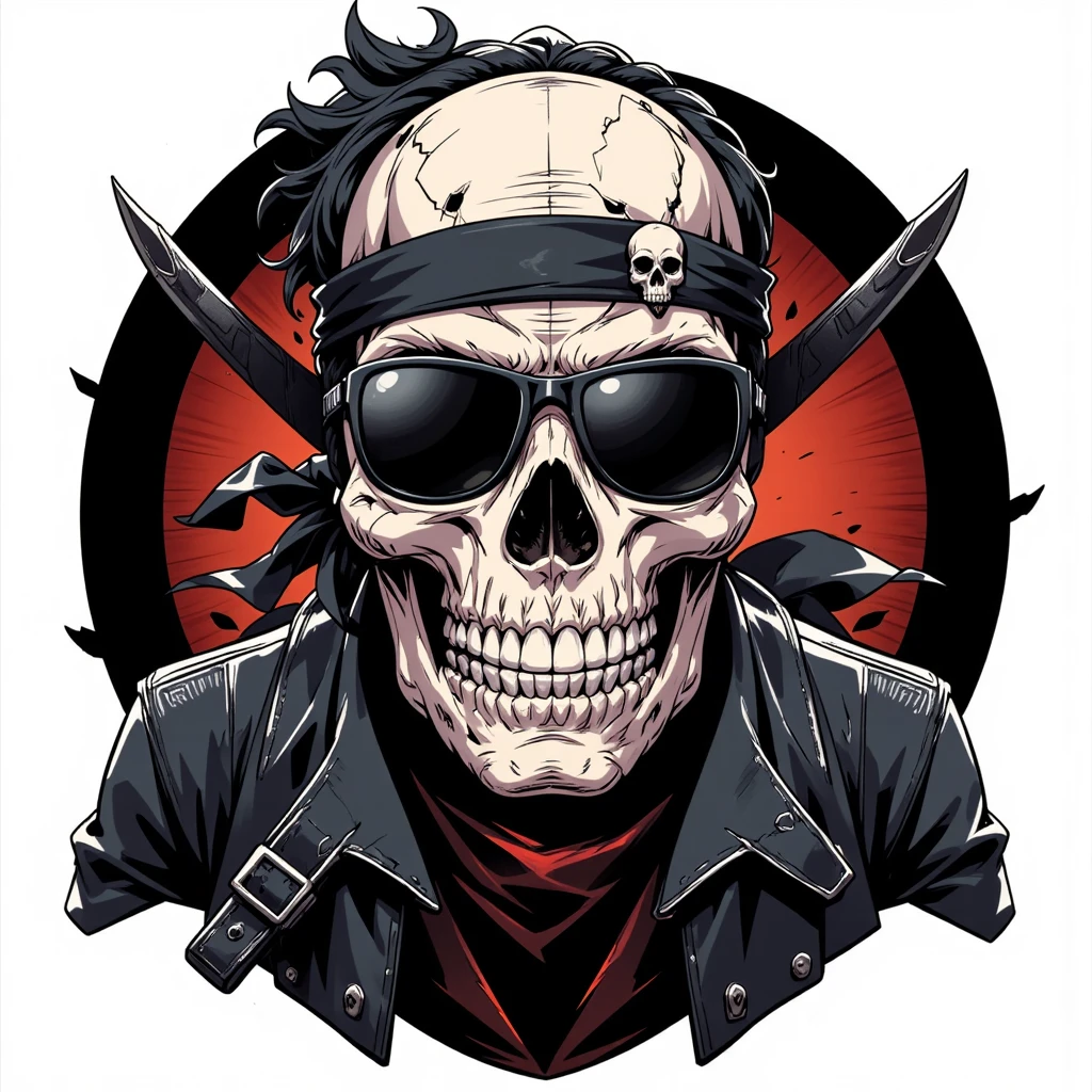 ((Masterpiece)), (ultra-detailed), ((logo art-style)), (8k resolution), A **portrait logo** featuring a **skull-headed badass character** wearing an **open-button black leather jacket**, a **bandana with a skull ornament**, and **black sunglasses** resting on the bridge of the skull’s nose. The skull grips a **dagger in its teeth**, with intricate **cracks and engravings** on the bone surface, emphasizing a fierce and intense aesthetic. The style incorporates sharp, bold lines with a **high-contrast palette** of black, white, and subtle red accents, adding a rebellious vibe. The background is minimalistic, with a **circle emblem** or gradient glow, creating a striking **logo-ready composition**. **(skull head, badass logo, leather jacket, detailed dagger, minimalist background, high contrast, 8k ultra-quality)**.  