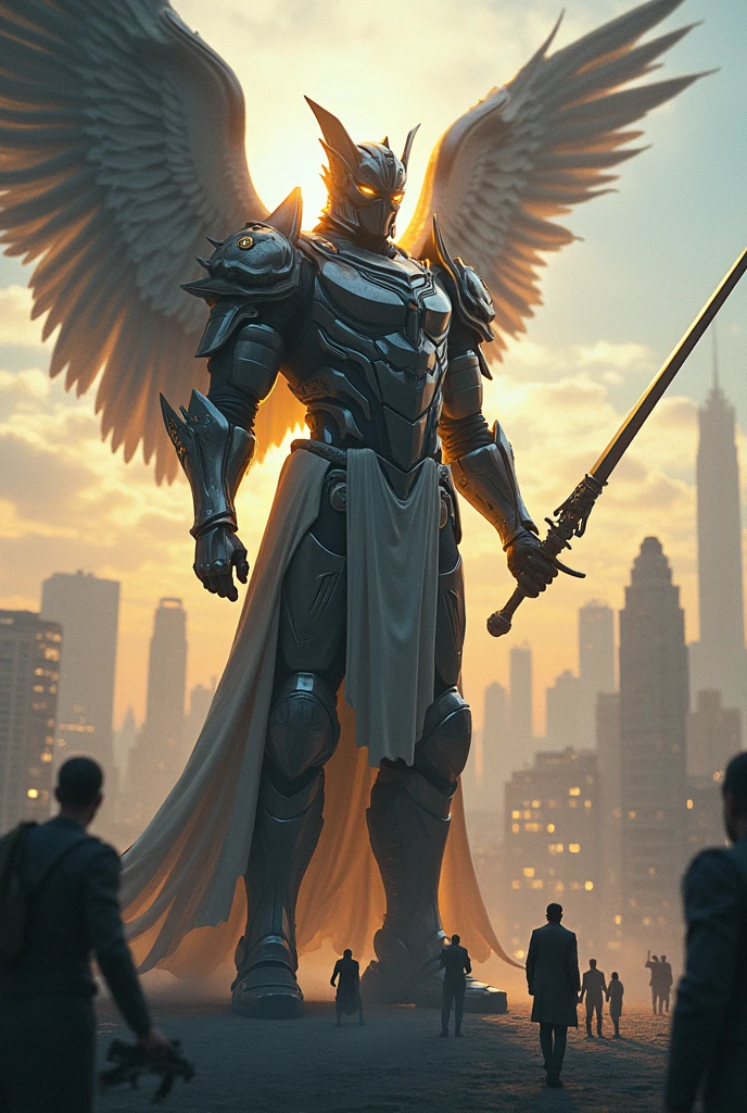 apocalyptic image, Angels in heaven in golden armor, people looking at the sky low angle, total destruction.