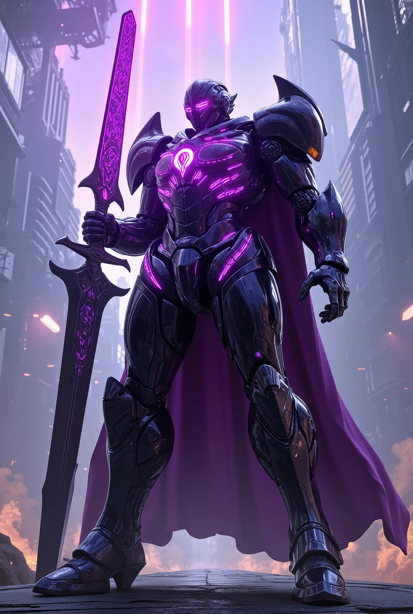 unreal engine, a full armor mecha paladin, he wear a black metal armor with glittering purple neon light and purple cloak, he holding a great sword with bright purple neon light, fighting stance, cinematic lighting, sharp focus, metal reflection