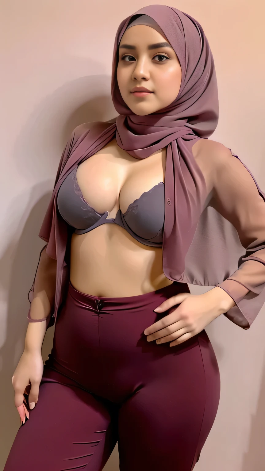 Matured 40 years old malay girl in white plain hijab wearing high waist gyms pants and topless with shy pose in full crowded school gym, wear big round glasses, nerd, big smile, laughing, happy, big front teeth, wearing hijab, breast exposed, very small dark tits, very small breast, flat chest, wide waist, thick thighs, bright lighting, big round ass, cute face, slim abs, 35mm lens, Extreme close-up, pastel color grading, depth of field cinematography effect, romantic film genre, 8k resolution, high quality, ultra detail,