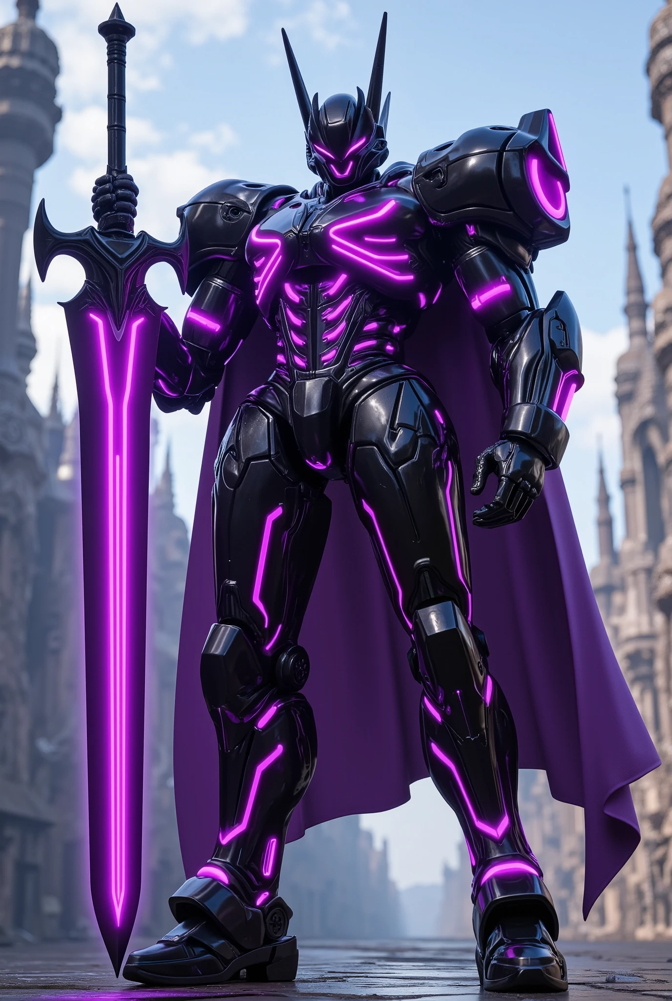 unreal engine, a full armor mecha paladin, he wear a black metal armor with glittering purple neon light and purple cloak, he holding a great sword with bright purple neon light, fighting stance, cinematic lighting, sharp focus, metal reflection