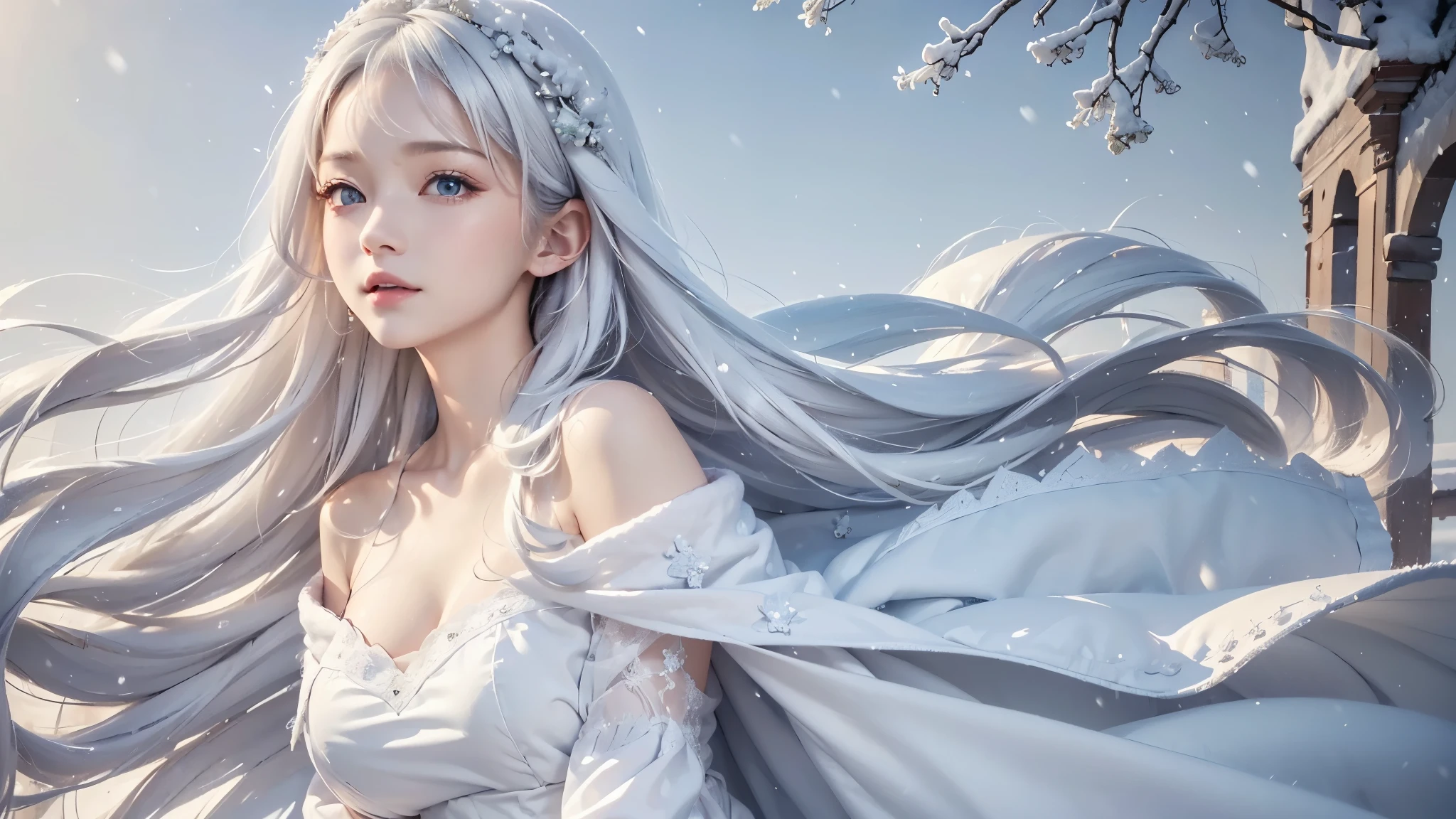 face focus, masterpiece, (highest quality: 1.2), (super fine: 1.2), figure, (very delicate and beautiful: 1.2), film angle, floating, (beautiful detail eyes: 1.1), (detail light: 1.1), film light, delicate sky, realistic:1.3, 1girl, white hair, large breasts, winter dress and coats, outdoors, snow falling, off shoulder dress, far corts, ruins
