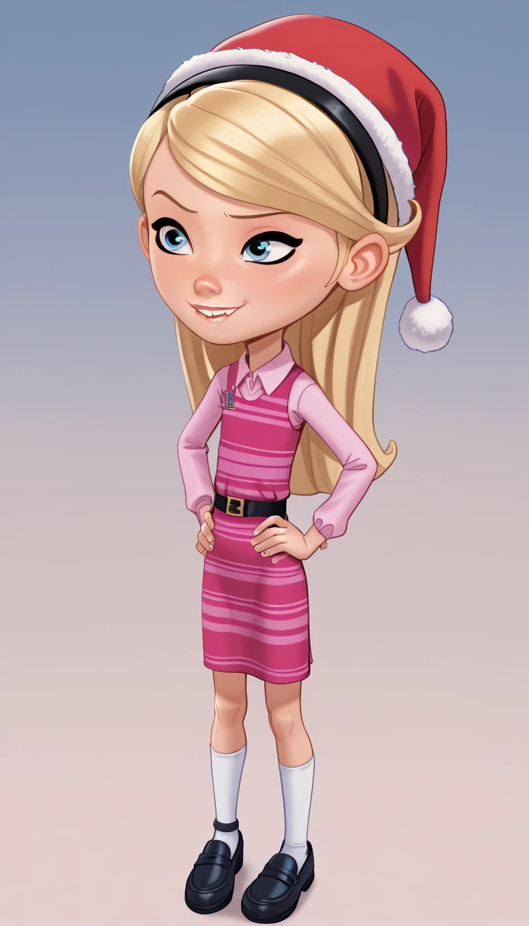 1girl, solo, full body, penny peterson, long hair, blue eyes, 3d, blonde hair, skirt, hairband, black hairband, white socks, dress, pink dress, long sleeves, Andystyle, Standing, Hands on hips, Lip Bite, wearing a Christmas Hat, raising her Right eyebrow, hips Shaking, ((School)), spread legs, 4k