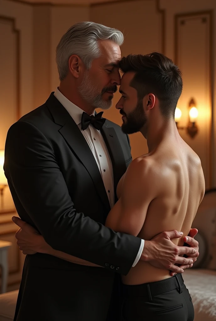 White old fat daddy in suit deeply kissing with sexy mature man in suit