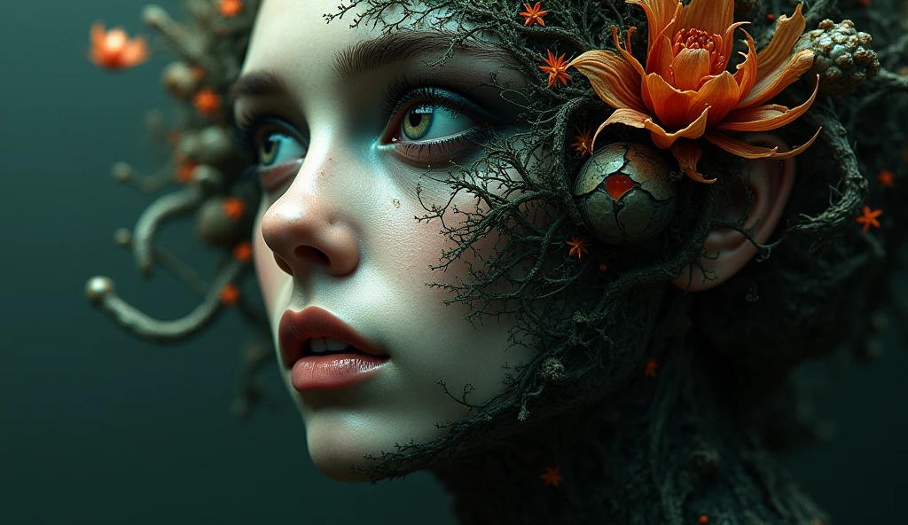 Highly stylized and abstract digital artwork featuring a close-up of a human face. The facial features, including the nose, lips, and part of the eyes, are visible but blend seamlessly with the surrounding textures, creating a surreal and organic appearance. The overall composition is dark and moody, with a focus on the intricate details and the interplay between the human form and natural elements.by Richard Kern --v 6.1