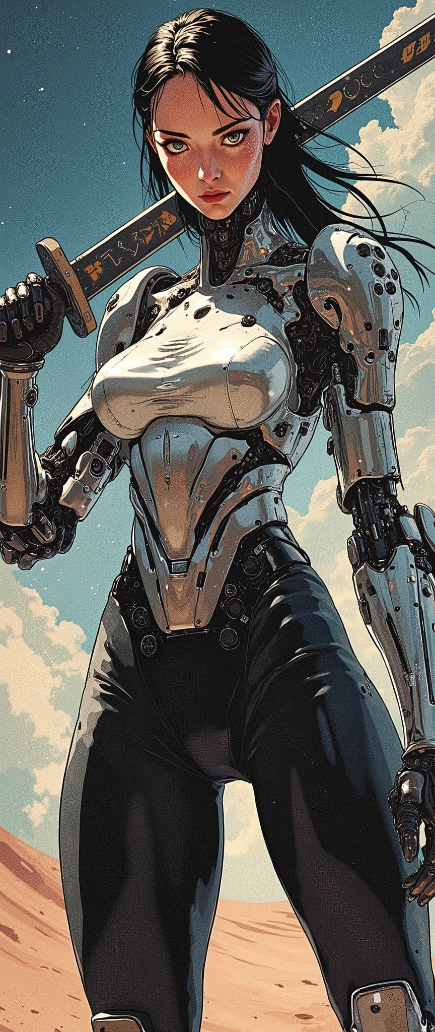 (masterpiece:1.2,EXCEPTIONAL QUALITY ,Mirror finish, cinematic experience , best illustration:2.0), super high res, super detailed ,8k, wallpaper,(robot gladiator:2.0),( sexyなメイク:0.5),(Super muscular:2.0),( 1 Woman :2.0),( female android swordsman ;2.0),(Elegant body:2.0),( beautiful eyes,A sparkle in your eyes, detailed face ,Beautiful skin texture:1.3, beautiful hair:1.3),( Beautiful female hands :2.0),( detailed hands :2.0),( robot prosthetic hand with 2 heavy right arms ),( cyberpunkな日本刀を侍の様に構える:2.0),( Iaido's Stance :2.0).(black samurai style tights:2.0),( background is abstract galaxy and planet :2.0),( sexy:2.0),( My thighs are very thick :2.0),( cyberpunk:2.0),(SF:2.0),(visual effects:2.0),( Upper Body Closeup :2.0),(dynamic:2.0),(Serious:2.0),( Anime Artwork :2.0),(Front:2.0),(dynamic:2.0),( epic space opera anime atmosphere:2.0)
