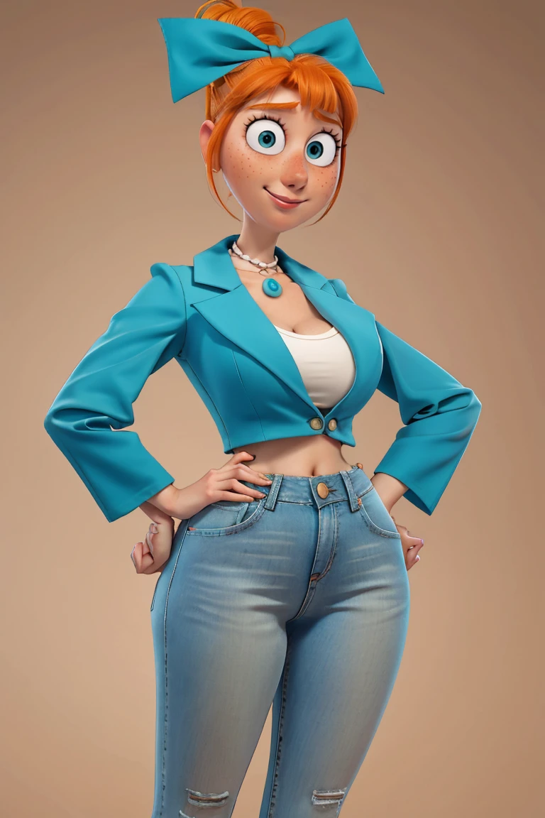 1 girl, Orange hair in a bun, green eyes, slight smile, freckles on the cheeks, thin eyebrows, white necklace with a bow, Teal Jacket, pale skin, standing, Cartoon, (pixar:1.2), Lucy Wilde, long nose, hits, tight short jeans,Full body view, wide hips, huge breasts, fitted top, camel toe, big breasts, huge breasts, camel toe, wide hips