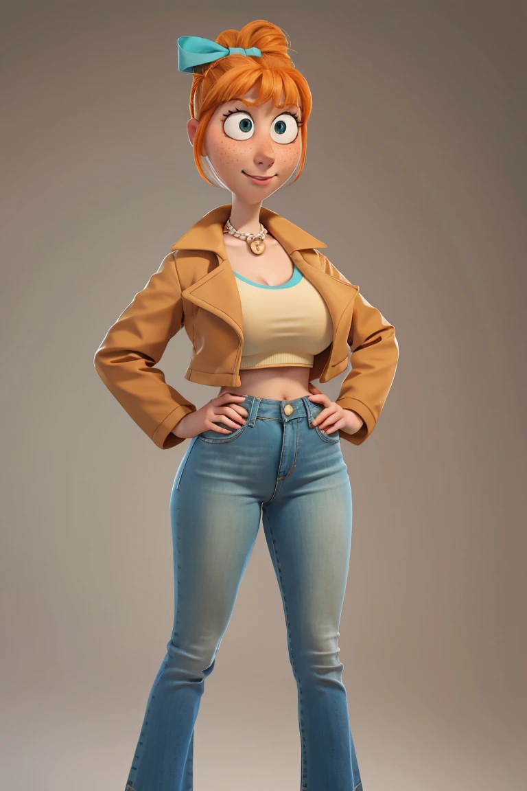 1 girl, Orange hair in a bun, green eyes, slight smile, freckles on the cheeks, thin eyebrows, white necklace with a bow, Teal Jacket, pale skin, standing, Cartoon, (pixar:1.2), Lucy Wilde, long nose, hits, tight short jeans,Full body view, wide hips, huge breasts, fitted top, camel toe, big breasts, huge breasts, camel toe, wide hips