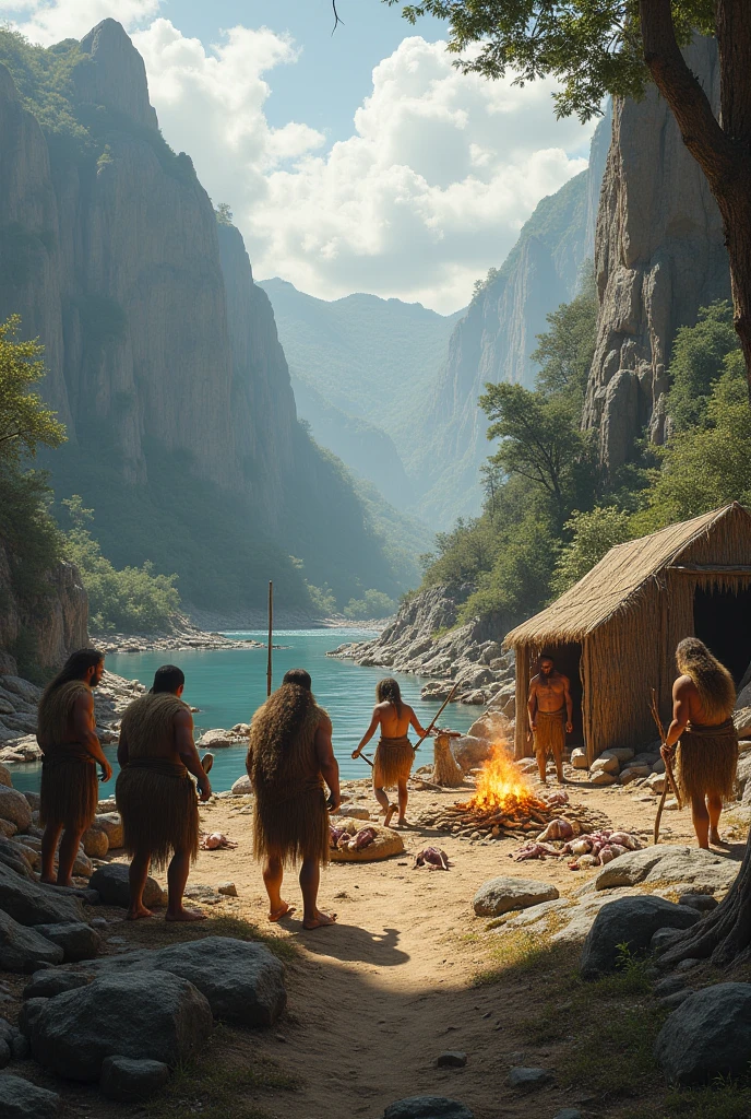 there are two people that are cooking in a cave, a cave painting by Adam Marczyński, pexels contest winner, figuration libre, pre - historic cave man family, neanderthal people eating sushi, neanderthal people, stone age rave in a cave, still from a live action movie, wearing cave man clothes