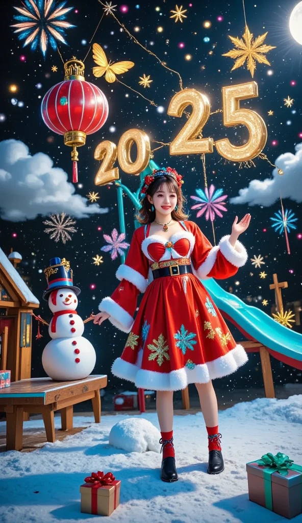 3D cartoon style,a vibrant and colorful New Year celebration is held on the snow-covered paradise square. In the center,a happy girl in a red and gold New Year costume waves happily,holding a warm and glowing huge red lantern in her hand. Around her,the slide is decorated with small colored lights. ren are making snowmen. Fireworks illuminate the sky. Fireworks display "2025" in sparkling gold letters,reflecting on the snow below,in the foreground,sparkling fireworks,small gift boxes and footprints add texture,the background is rolling snow-capped mountains,dramatic lights and colorful fireworks create a visually stunning and celebratory scene,a snowman in a traditional hat dances nearby with small fireworks,and the snowfall and vibrant festive atmosphere add depth and excitement