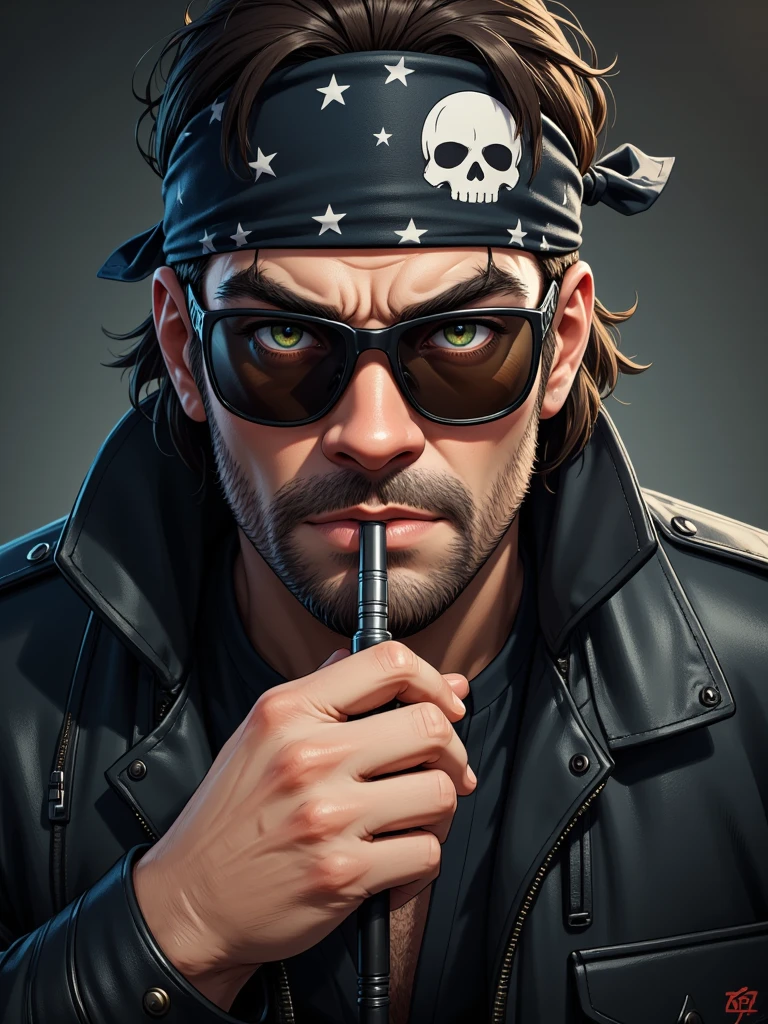 ((Masterpiece)), (ultra-detailed), (photo-realistic), (8k resolution), A **portrait photo** of a **badass man** wearing an **black leather jacket**, a **bandana with a skull ornament**, and **black sunglasses**. He grips a **Peace pipe** with a **serious and intense expression**, his **face highly detailed**, showcasing realistic **skin pores** and rugged facial textures. The shot is a **cinematic close-up**, with dramatic **lighting** that casts sharp shadows, enhancing his fierce and unapologetic attitude. The background is minimal and slightly blurred, ensuring the focus remains entirely on his commanding presence. **(badass male, leather jacket, cinematic portrait, detailed face, intense expression, 8k ultra-quality)**. 