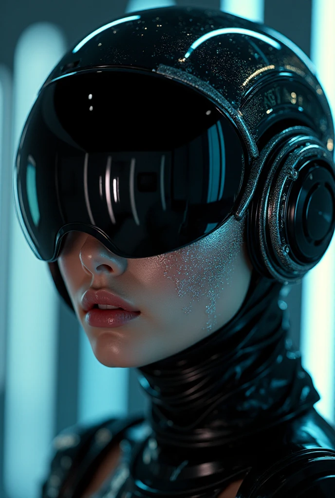  woman in a high-tech cyberpunk helmet with a shiny black finish and detailed robotic accents. Her face is illuminated by a reflection of radiant silver wires, intricately woven into a web of glowing patterns. The scene is portrayed in a hyper-realistic, editorial pose with photorealistic quality, highlighting the futuristic theme, rendered in 8k resolution for crisp, high-definition imagery , photorealistic, 8k, high render --v 6.0 --ar 9:16 --stylize 750