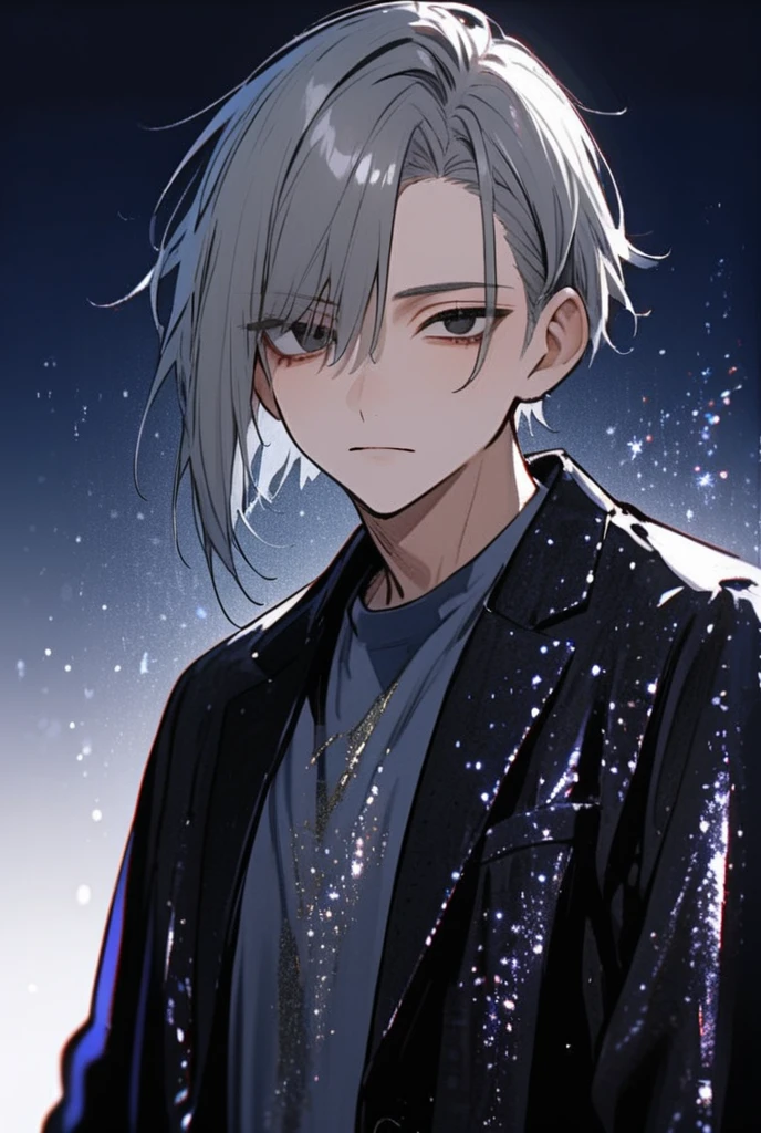  one man, glitter effect ,  Background Blur, 
 asymmetrical bangs , Grey Hair, Navy blue shirt, black jacket,
Gradated jet black eyes, ,