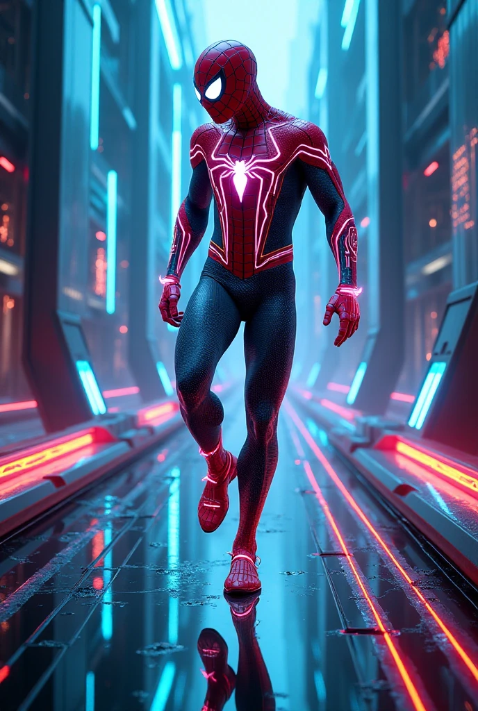 Spider-Man in the style of Tron, with neon lights and a hyper-realistic, unreal engine-powered aesthetic. --ar 71:128 --stylize 750 --niji 6