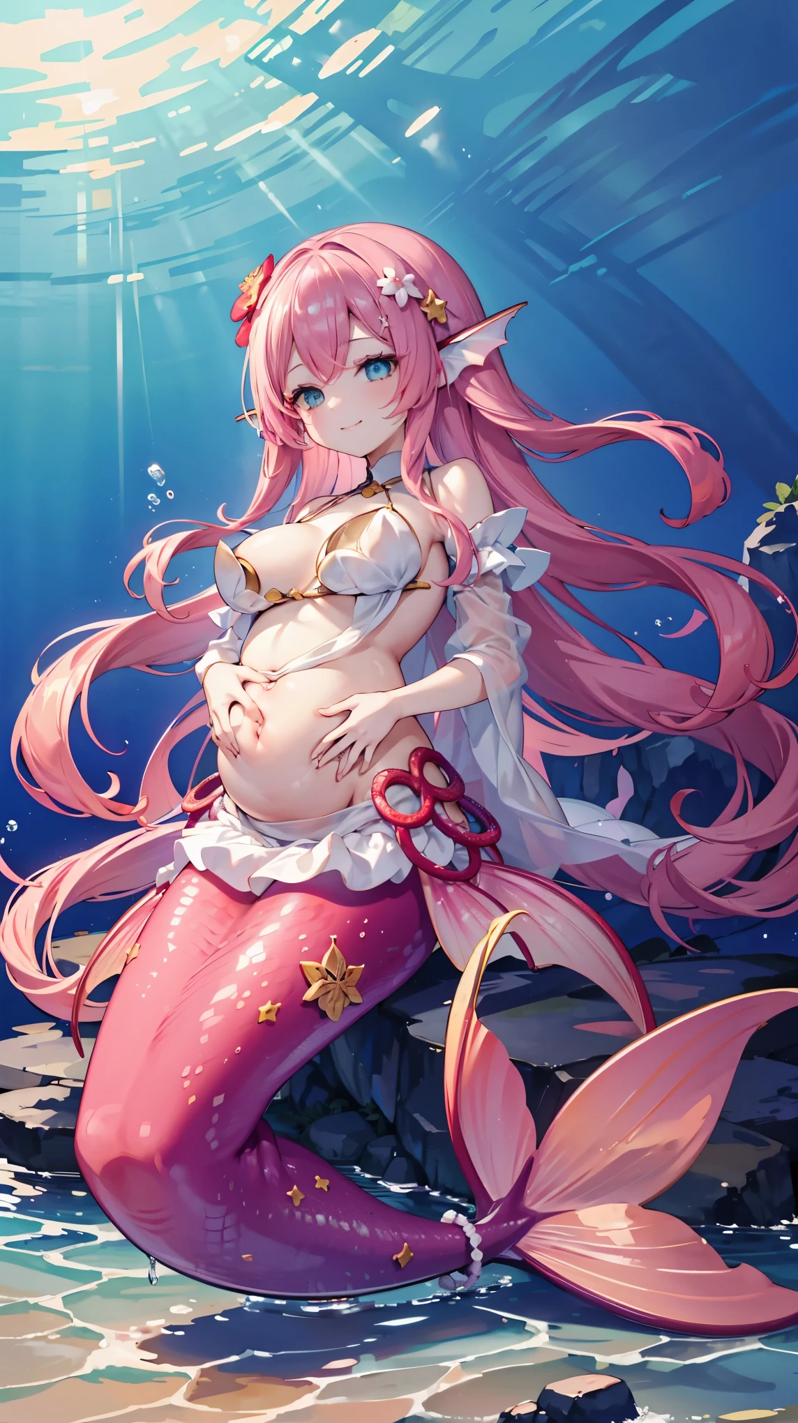 (masterpiece), ( of the best quality),Traptrixrafflesia, a girl ,Pink Hair,Rawang flower hair ornament , white dress, blue eyes,Head fin, unique , Big Breasts ,Pregnant,Mermaid,粉色的Mermaid尾巴, Full Body Photo ,(Underwater:1.2),charming face(Kawaii, charming,Soft), Smile,