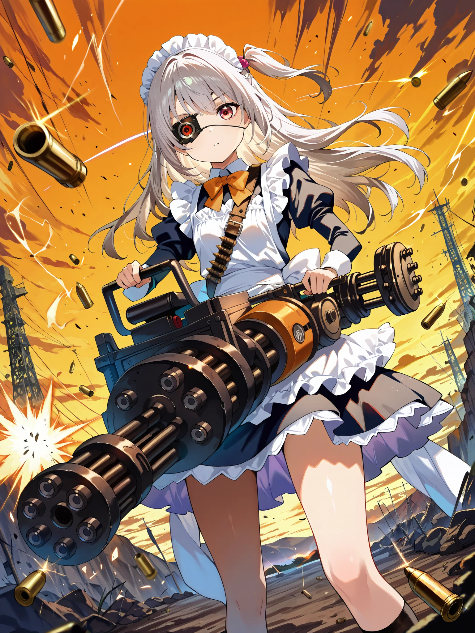 score_9 score_8_up score_7_up, source_anime, masterpiece, best quality, high resolution, absurdres, highres, depth of field, perfect face, beautiful face, very detailed face, (a very beautiful li girl),Beautiful face with clear long eyelashs, A pair of delicate and charming eyes,detailed_eyes, 1girl, solo, gray_hair, long hair, one side up, a maid in (single Eye Patch), ((Mechanical eye patch)), holds a gatling and shooting, thighs, bandolier,bullet casing, flash, firing, holding, heavy weapon, gatling gun, holding gatling gun, (dutch angle), scenery, outdoors, battlefield, ((orange_sky)), from_above:0.8, (SuperQuality:1.2), DskOtrn_PnyXL, CyberRealistic_Negative_PONY