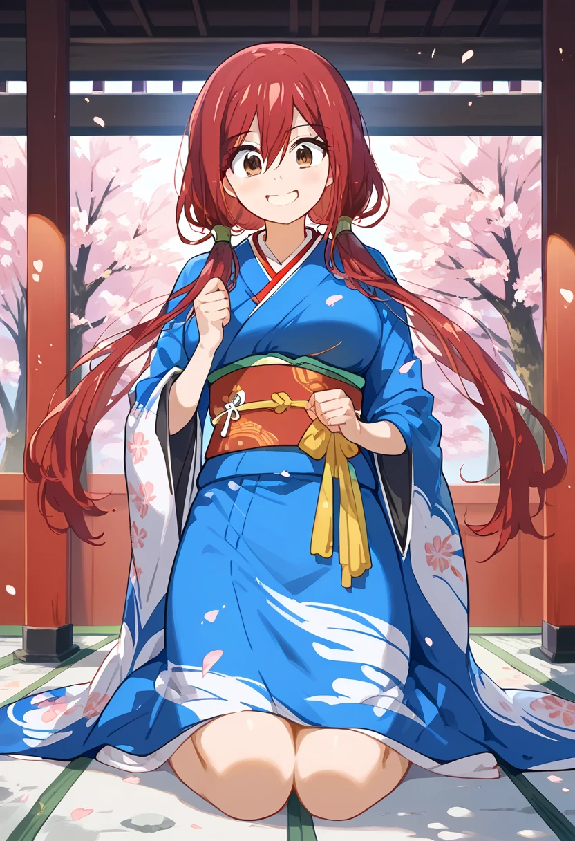 masterpiece, soft light, (((highest quality, perfect anatomy, full body,))), 1girl,  at shrine,  BREAK 

(((from front, kimono, furisode,))) (( happy, smile,)) place your hand in front of your stomach, BREAK

(super beautiful, cute, silky skin),  wahuku, BREAK 

erza scarlet, long hair, (((low twintails,))) red hair, hair between eyes, brown eyes, large breasts,    BREAK