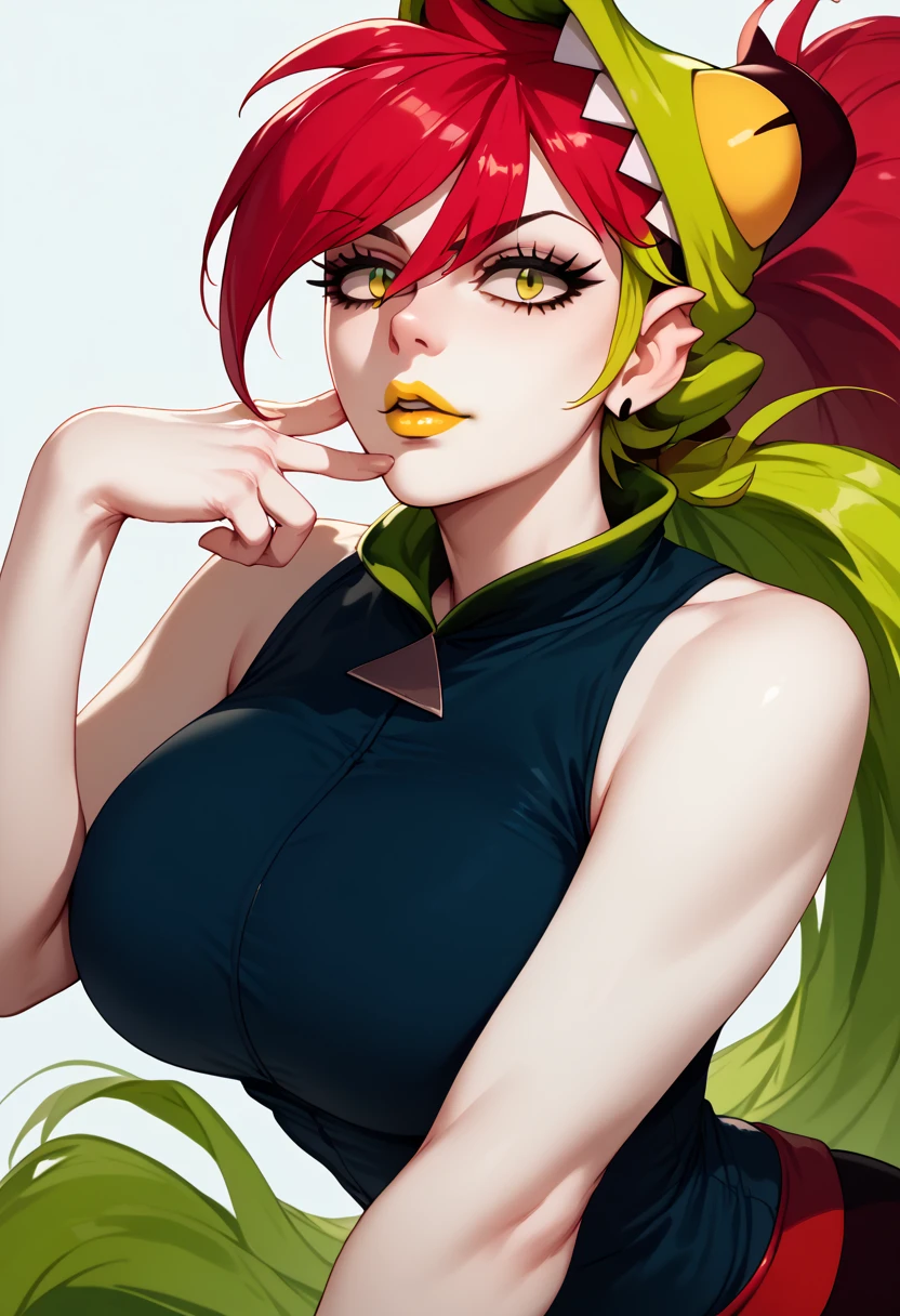 woman, green eyes, red hair bangs, green hair, ponytail, white skin, yellow lipstick, big breasts, anime style, Demencia 