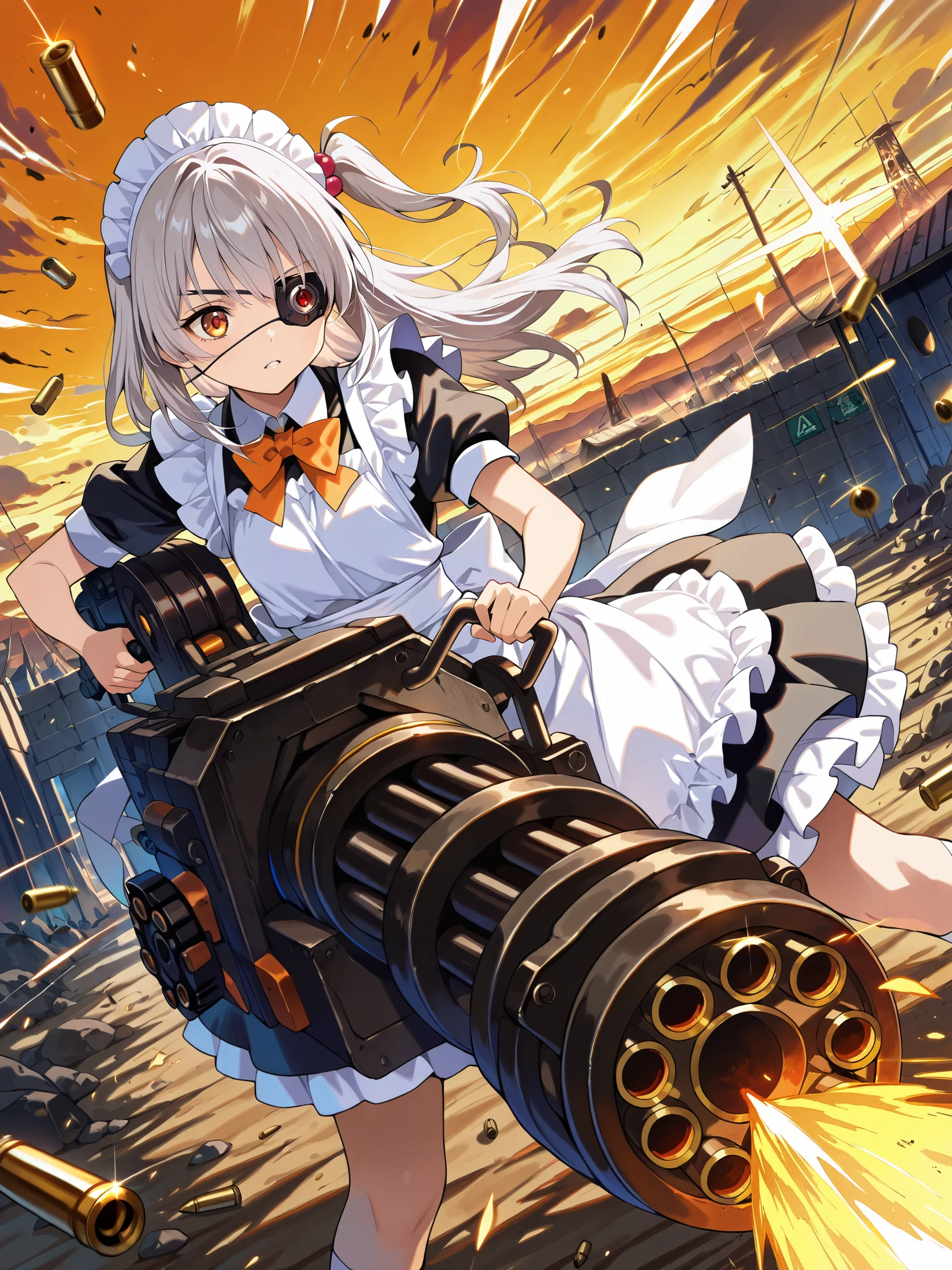 score_9 score_8_up score_7_up, source_anime, masterpiece, best quality, high resolution, absurdres, highres, depth of field, perfect face, beautiful face, very detailed face, (a very beautiful li girl),Beautiful face with clear long eyelashs, A pair of delicate and charming eyes,detailed_eyes, 1girl, solo, gray_hair, long hair, one side up, a maid in (single Eye Patch), ((Mechanical eye patch)), holds a gatling and shooting, thighs, bandolier,bullet casing, flash, firing, holding, heavy weapon, gatling gun, holding gatling gun, (dutch angle), scenery, outdoors, battlefield, ((orange_sky)), from_above:0.8, (SuperQuality:1.2), DskOtrn_PnyXL, CyberRealistic_Negative_PONY