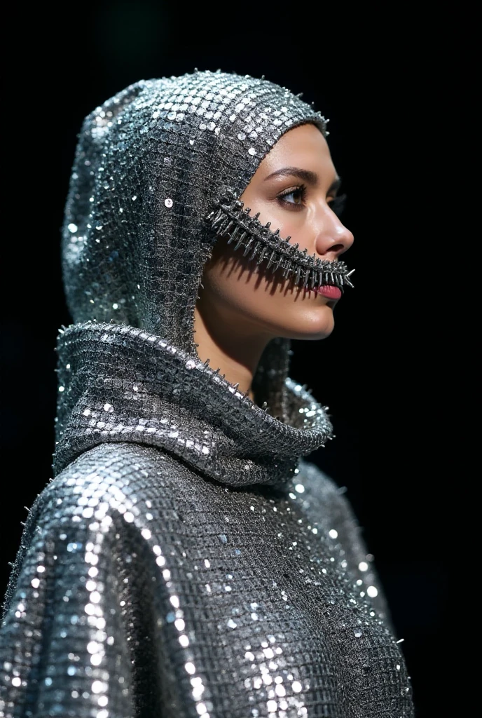 A model wears an all silver outfit made of chainmail, featuring metallic sheen and edgy shapes. She also has sharp metal teeth that look like sharktooth wire; the face is covered with a hood and mesh cape. The background color is dark black, and is lit from above. It's at a fashion show in Paris. Fashion photography, closeup shot in the style of an edgy fashion photographer. --ar 85:128 --s 250