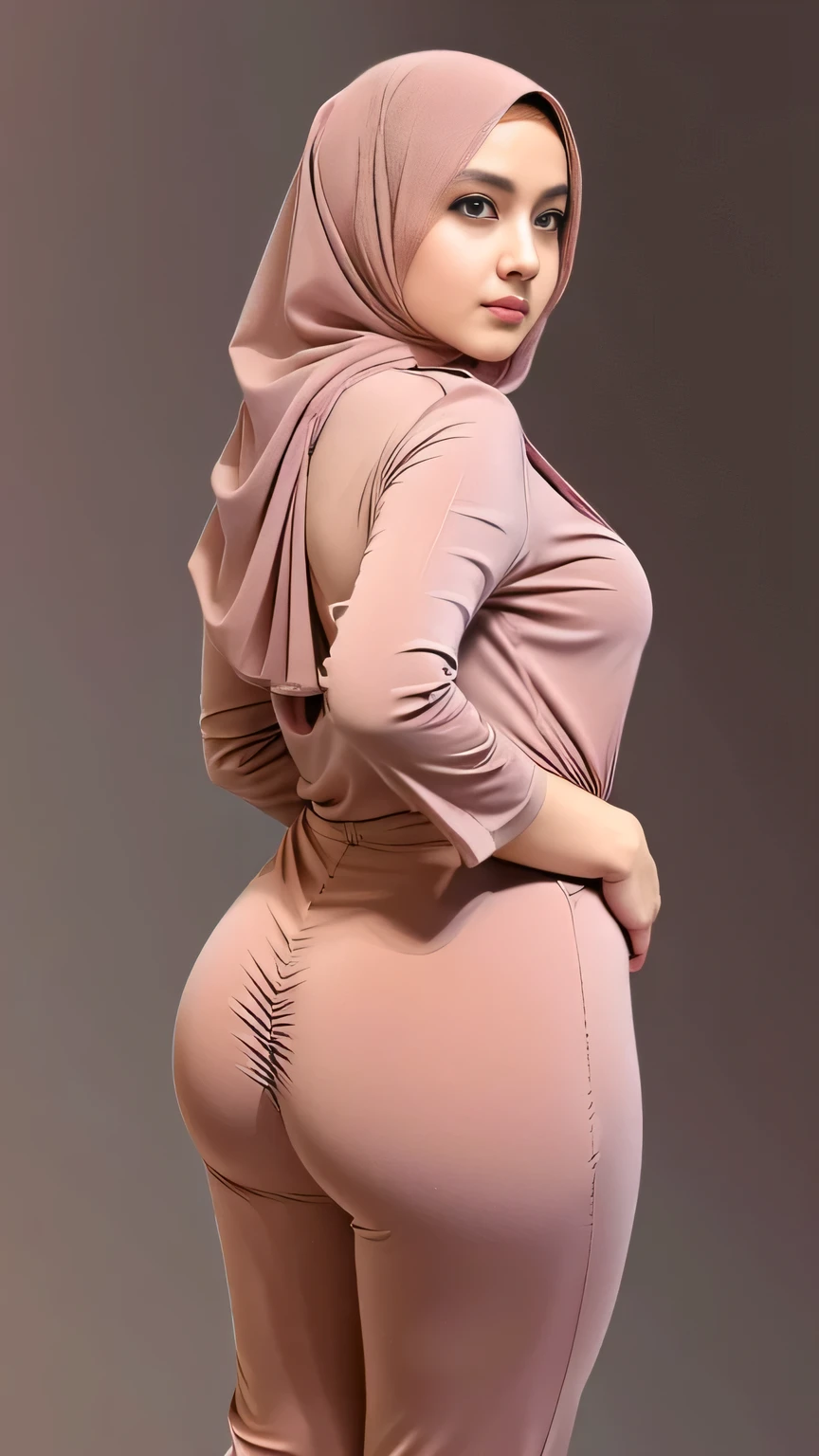 RAW, Best quality, high resolution, masterpiece: 1.3), total 2 people, beautiful Malay women, (total 2 women wearing hijab), sports, Masterpiece, perfect slim, bubble buttock, slim body shape, (medium breasts), beautiful big eyes, soft smile , (wearing light peach pallazzo pants), topless, transparent, Crawling, photo studio, one color background, good lighting, unbutton blouse, Cameltoe clearly visible, (full body shot), the contour of the breasts clearly visible, bubble buttocks, thick thighs, thigh gap, slim face, long hijab, erotic poses, teasing, mucullar body:1.3, rear view, ( side rear body shot), accentuate your waist, (chubby:1.2)