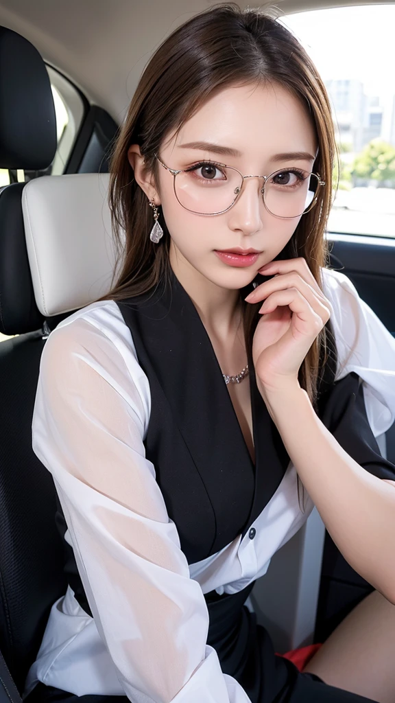 (((1 person:1.3))), mature woman,masterpiece, slim slender, realistic, adult sex appeal, perfect body, beautiful faces,Facial beauty, Japanese women,office uniform,suit,Sit in the back seat,Black Glasses, necklace, earrings for women with first name,lipstick,Makeup,