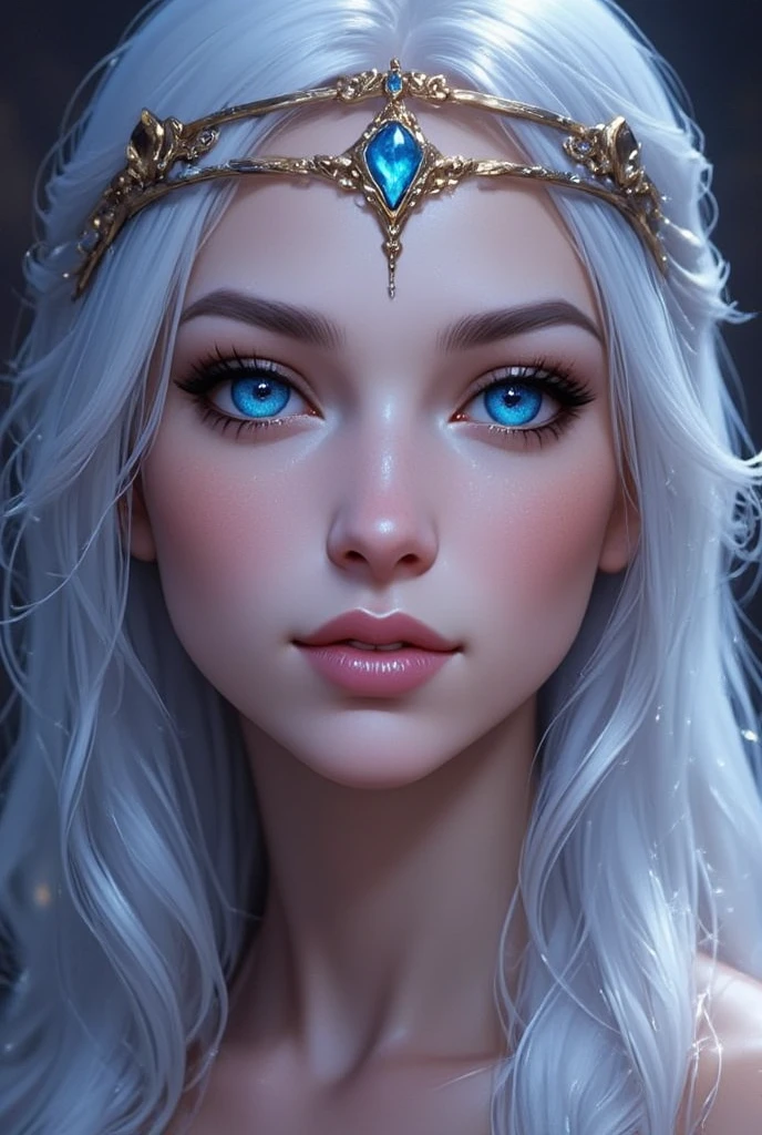 A mesmerizing portrait of a striking elven woman with vivid sapphire-blue eyes and smooth violet-toned skin that glows softly. Her long, flowing silver hair cascades elegantly over her shoulders, creating a beautiful contrast with her unique complexion. She wears an intricate golden circlet adorned with small sapphire gems that enhance her regal and ethereal appearance. The style is semi-realistic digital art, focusing on rich textures, soft lighting, and exquisite details. The background is absent, emphasizing her captivating face and the harmonious interplay of colors