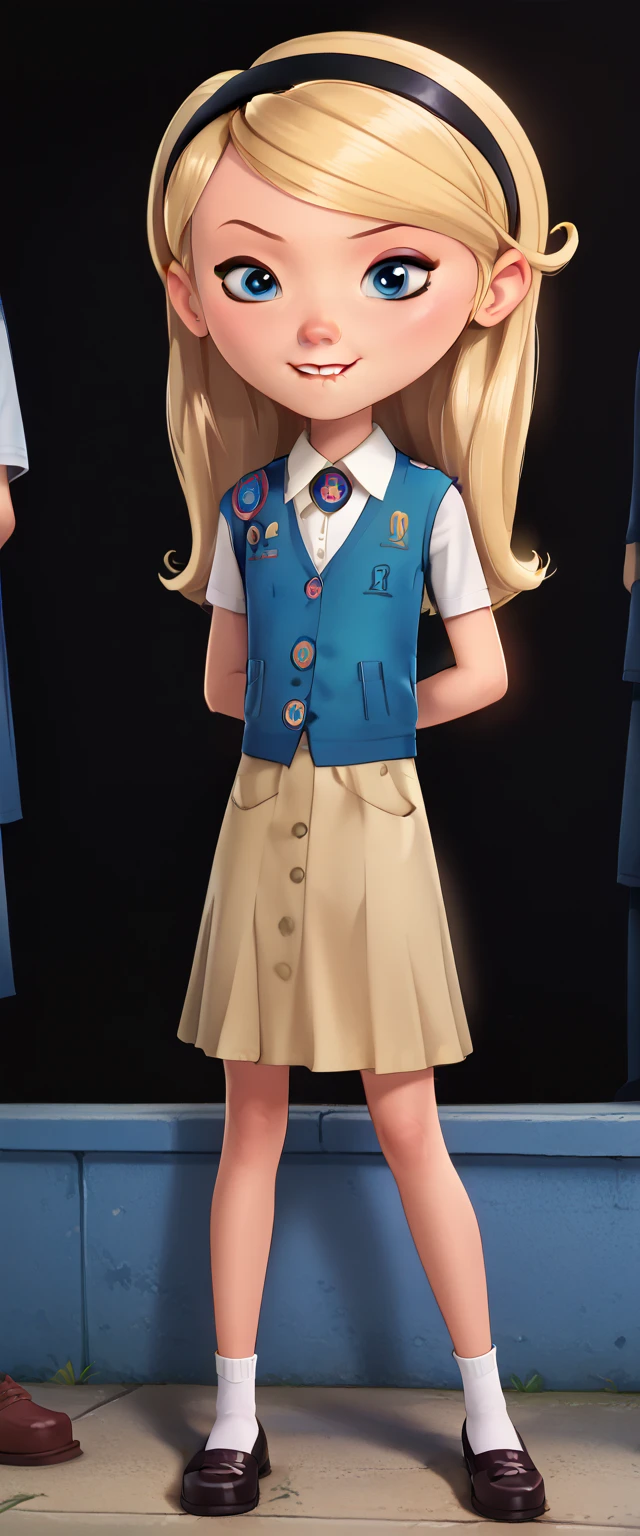 1girl, solo, full body, penny peterson, long hair, blue eyes, 3d, blonde hair, skirt, hairband, black hairband, white socks, girl scout, badge hat, badge vest, badge sash Andystyle, Standing, Hands on hips, Lip Bite, raising her Right eyebrow, ((central Park)), spread legs, 4k