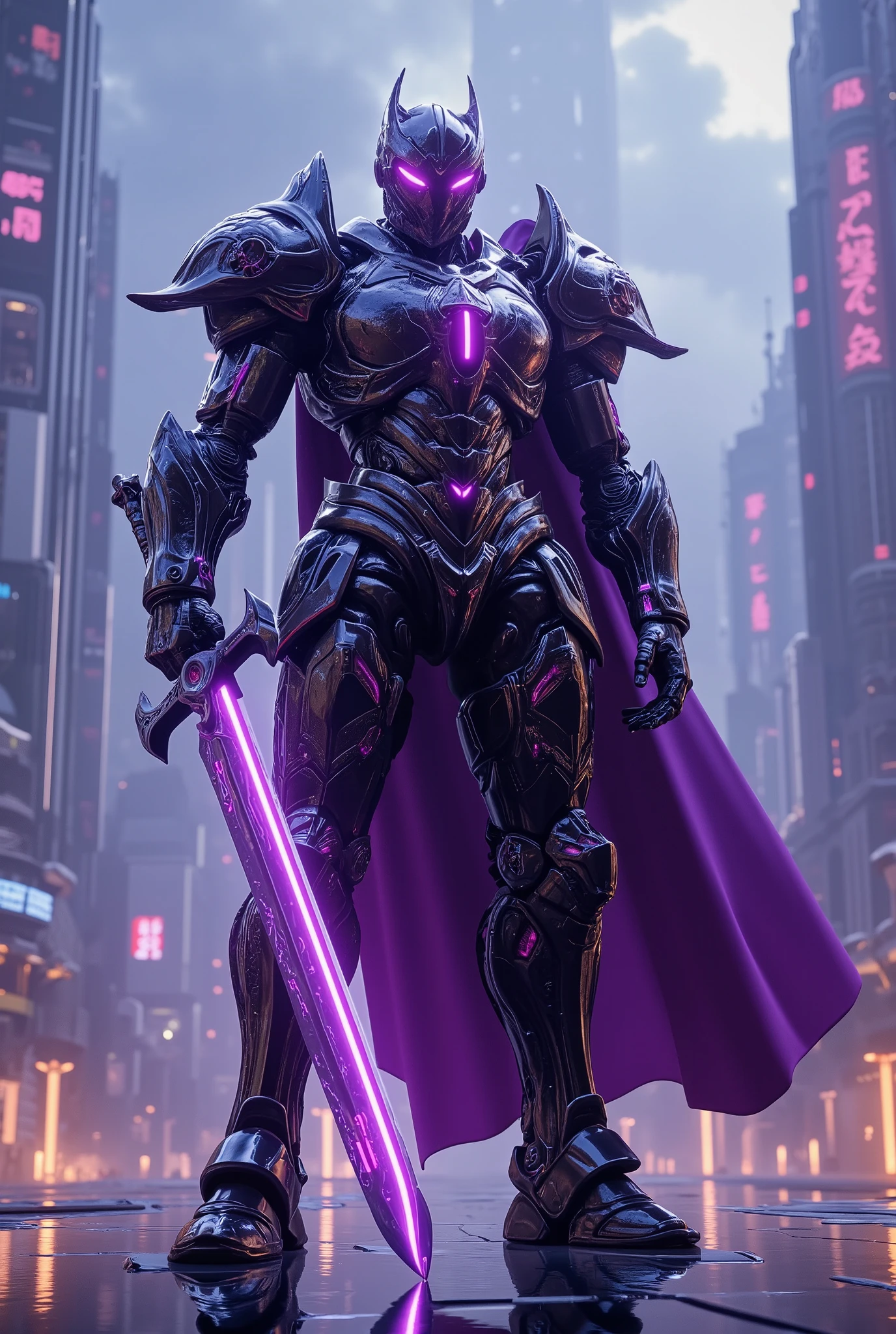 unreal engine, a full armor mecha paladin, he wear a black metal armor with glittering purple neon light and purple cloak, he holding a great sword with bright purple neon light, fighting stance, cinematic lighting, sharp focus, metal reflection