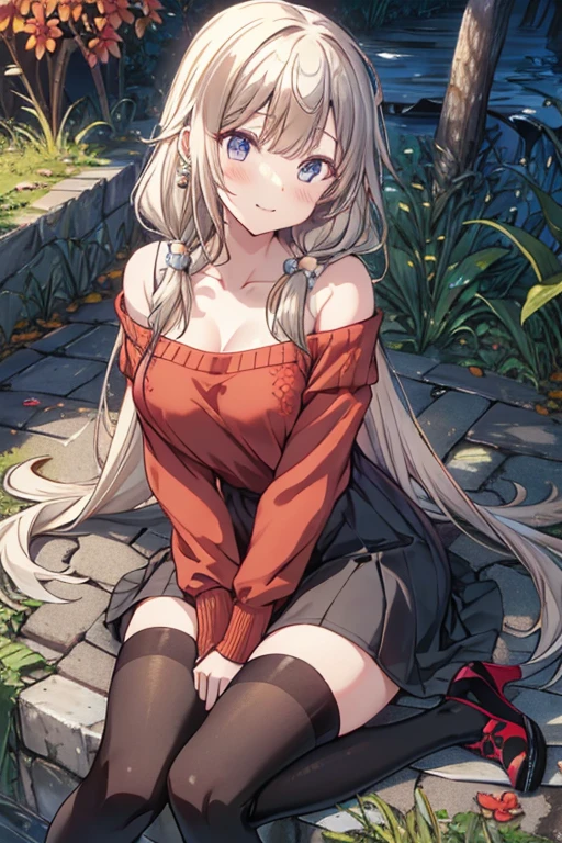  ray tracing ,  brightly colored ,  girl , masterpiece,  Sharp Focus,  top quality ,  depth of field ,  cinematic lighting, Detailed clothing, 4K,  perfect eyes, Rich in detail and texture, Gray Hair,   very long hair ,  golden eyes,  's hair between eyes,   Colored Inner Hair, 明るいsmile, Loosely knitted,  Relaxed Clothes, long sweater,  black legwear,  sitting on grass rich in detail and texture, Under the tree, sunlight, light, god rays, Look up, smile, Bare shoulders, leggings,, beautiful posture, Silver Blonde Hair ,  blue eyes,  dress, Bare shoulders,clavicle, side lock,  hair band , Jewelry Earrings, off shoulder sweater  dress,  turn my arms around my back :0.4, Air plants, long hair and long locks , gold  hair band , off-shoulder  dress, sweater  dress,  OFF SHOULDER SWEATER ,  red sweater ,  big side hair , Very long horizontal hair ,(Very delicate floral pattern:1.2),  mesmerizing cleavage  :1.3,Beautiful shiny legs, SHINY RED HIGH HEELS ,キラキラした目と伝染するsmileで手で皿を持ち上げる , French Restaurant :1.3,Noise, rising steam ,((( depth of field s)))