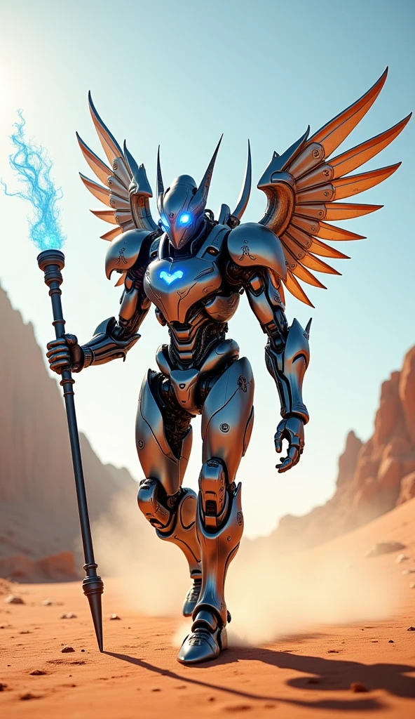 A soldier machine seraphim (detailed), (8K quality, solo character, Walking in the desert, Detailed focus with a killing aura, Carrying a spear covered in blue flames