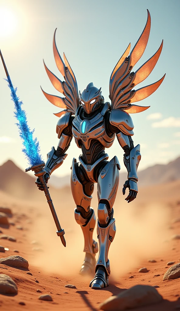 A soldier machine seraphim (detailed), (8K quality, solo character, Walking in the desert, Detailed focus with a killing aura, Carrying a spear covered in blue flames