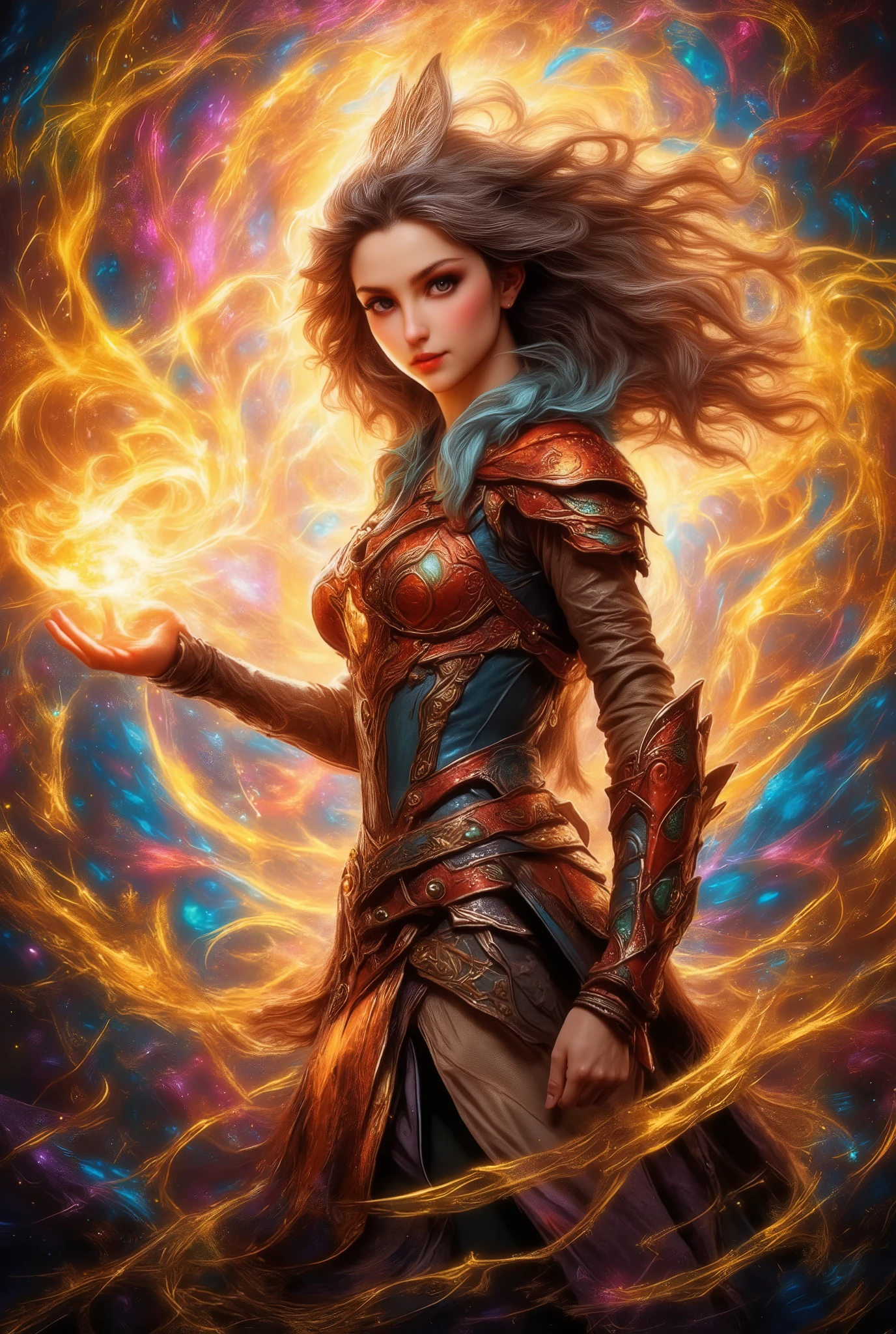 Just a Delightful Image of a Girl in a Beautiful Ancient Outfit, Leather and Plated Armor , A World Where Earth Draws Patterns and Magic Happens , Magic dust envelops space and time , The chain in your hand glows with golden light , Breathtaking , hair is blown by the wind , 8 k, Maximum Details , masterpiece fails, complex details , better quality , Fantasy,