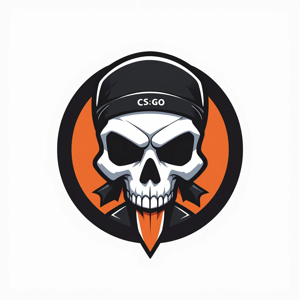 ((Minimalist logo art-style)), (high-quality, clean design)), A **minimalist CS:GO-themed logo** featuring a **skull head** with a sleek and simplified design. The skull is stylized with bold, clean lines, wearing a subtle **bandana** with a faint **CS:GO emblem** and a **small dagger icon** between its teeth. The color palette is restrained, using **black, white, and a single vibrant orange accent** to highlight key elements. The logo is enclosed within a clean **circular frame**, with the text **"CS:GO"** or **a crosshair icon** subtly integrated at the bottom edge. The design is modern and bold, emphasizing clarity and a strong gaming aesthetic, ideal for branding or team representation. **(minimalist, skull logo, CS:GO theme, clean lines, vibrant accents, circular frame)**.  