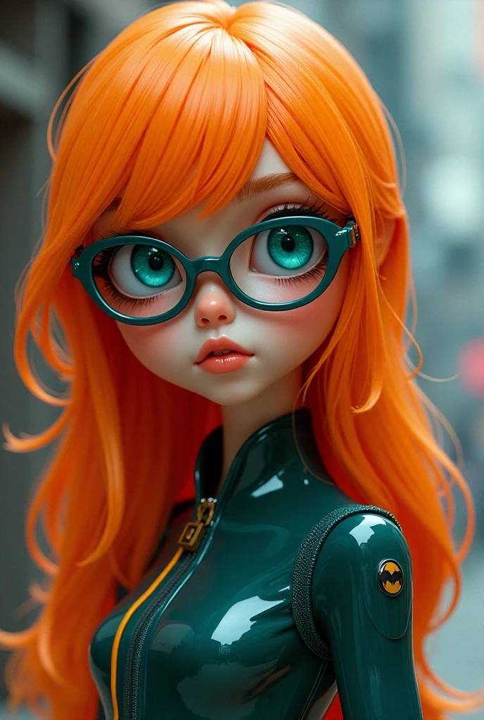 a girl with orange hair dressed in glasses, in the style of futuristic digital art, flowerpunk, shiny/glossy, dark teal and orange, charming characters, lively colors --ar 1:2 --personalize 2gwf1qc --stylize 750 --v 6.1