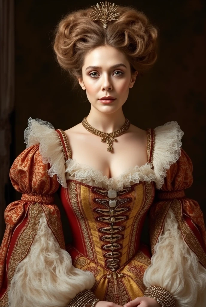 Rembrandt style, charming figure, full figure, healthy beauty, actress Elizabeth Olsen portrait, Beautiful middle-aged woman, intricate high hair, Large protruding deep breasts in a fluffy dress with bows, frills, jewels, rubies, traditional clothing of a princess of medieval France with Elizabeth Olsen's face, Peter Paul Rubens style, Painting, Traditional Media, Realistic, Figurative, Art, Oil on canvas, HDR, 8k, Original character design, High resolution, High detail, Focus on the face,