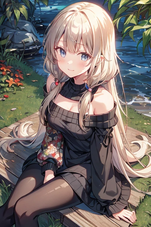  ray tracing ,  brightly colored ,  girl , masterpiece,  Sharp Focus,  top quality ,  depth of field ,  cinematic lighting, Detailed clothing, 4K,  perfect eyes, Rich in detail and texture, Gray Hair,   very long hair ,  golden eyes,  's hair between eyes,   Colored Inner Hair, 明るいsmile, Loosely knitted,  Relaxed Clothes, long sweater,  black legwear,  sitting on grass rich in detail and texture, Under the tree, sunlight, light, god rays, Look up, smile, Bare shoulders, leggings,, beautiful posture, Silver Blonde Hair ,  blue eyes,  dress, Bare shoulders,clavicle, side lock,  hair band , Jewelry Earrings, off shoulder sweater  dress,  turn my arms around my back :0.4, Air plants, long hair and long locks , gold  hair band , off-shoulder  dress, sweater  dress,  OFF SHOULDER SWEATER ,  red sweater ,  big side hair , Very long horizontal hair ,(Very delicate floral pattern:1.2),  mesmerizing cleavage  :1.3,Beautiful shiny legs, SHINY RED HIGH HEELS ,キラキラした目と伝染するsmileで手で皿を持ち上げる , French Restaurant :1.3,Noise, rising steam ,((( depth of field s)))