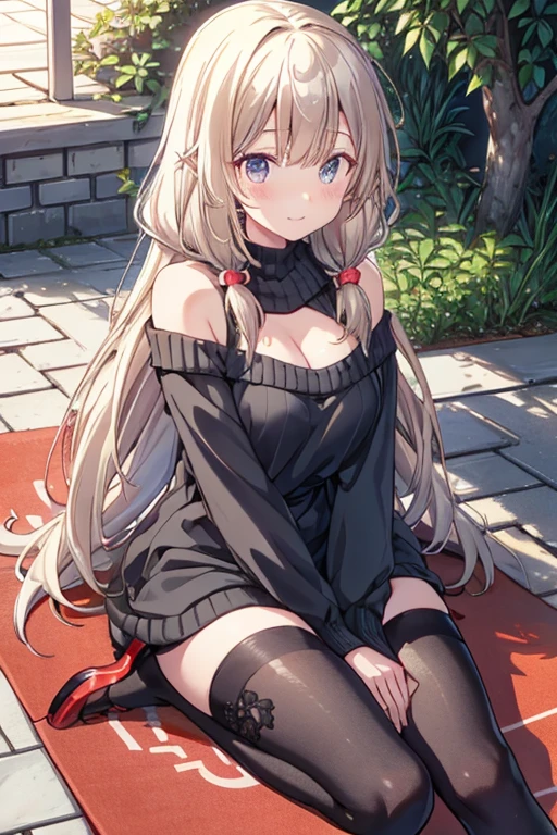  ray tracing ,  brightly colored ,  girl , masterpiece,  Sharp Focus,  top quality ,  depth of field ,  cinematic lighting, Detailed clothing, 4K,  perfect eyes, Rich in detail and texture, Gray Hair,   very long hair ,  golden eyes,  's hair between eyes,   Colored Inner Hair, 明るいsmile, Loosely knitted,  Relaxed Clothes, long sweater,  black legwear,  sitting on grass rich in detail and texture, Under the tree, sunlight, light, god rays, Look up, smile, Bare shoulders, leggings,, beautiful posture, Silver Blonde Hair ,  blue eyes,  dress, Bare shoulders,clavicle, side lock,  hair band , Jewelry Earrings, off shoulder sweater  dress,  turn my arms around my back :0.4, Air plants, long hair and long locks , gold  hair band , off-shoulder  dress, sweater  dress,  OFF SHOULDER SWEATER ,  red sweater ,  big side hair , Very long horizontal hair ,(Very delicate floral pattern:1.2),  mesmerizing cleavage  :1.3,Beautiful shiny legs, SHINY RED HIGH HEELS ,キラキラした目と伝染するsmileで手で皿を持ち上げる , French Restaurant :1.3,Noise, rising steam ,((( depth of field s)))