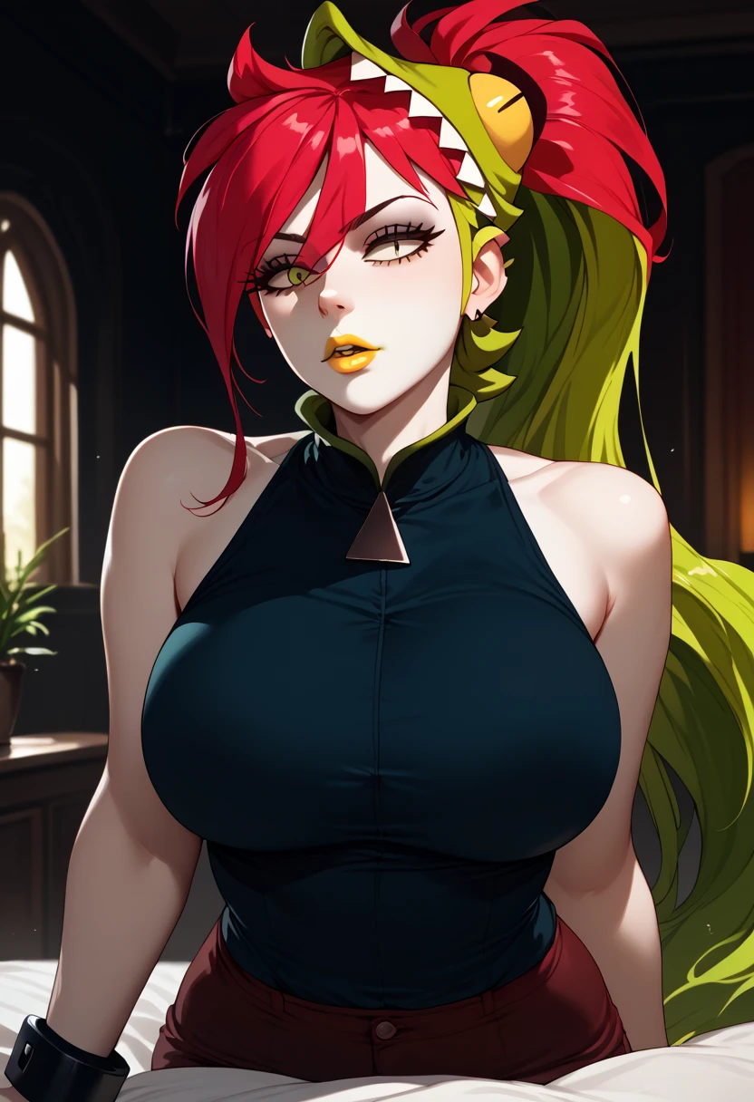 woman, green eyes, red hair bangs, green hair, ponytail, white skin, yellow lipstick, big breasts, anime style, indoors dark house, Demencia 