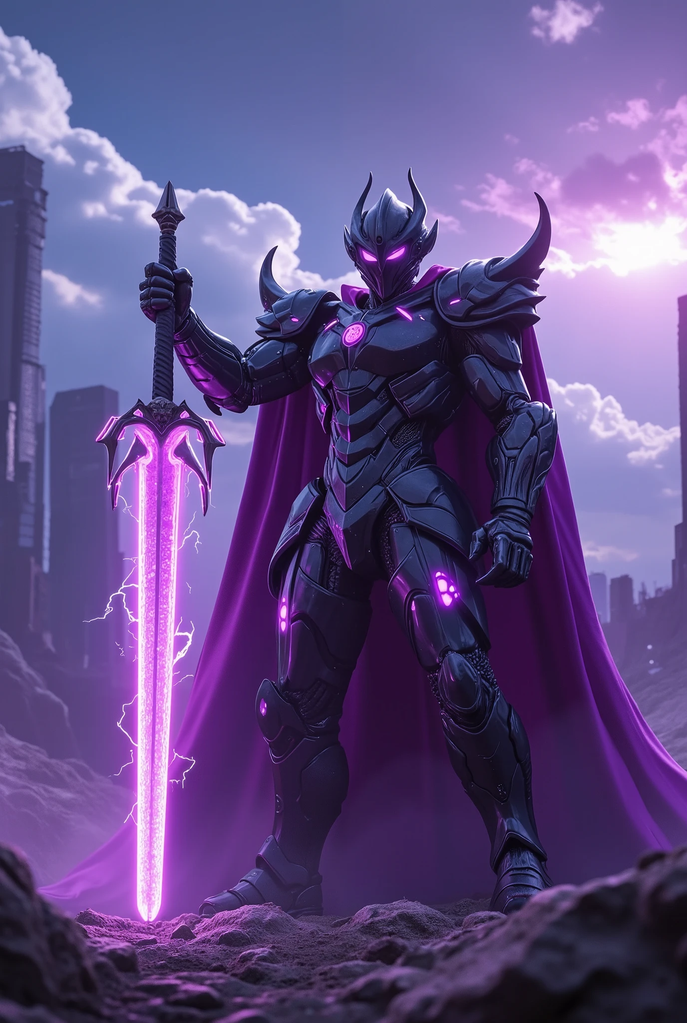 unreal engine, a full armor mecha paladin, he wear a black metal armor with glittering purple neon light and purple cloak, he holding a great sword with bright purple neon light, fighting stance, cinematic lighting, sharp focus, metal reflection