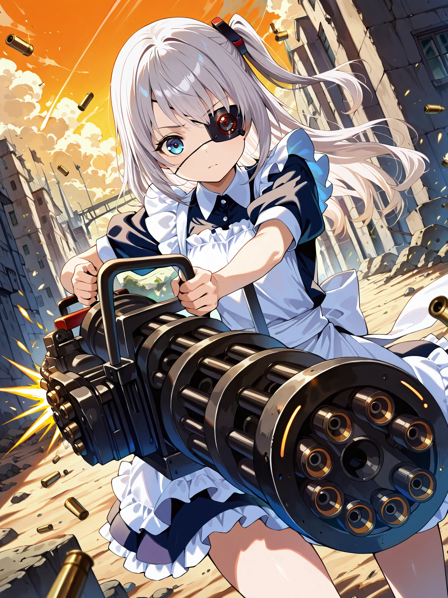 score_9 score_8_up score_7_up, source_anime, masterpiece, best quality, high resolution, absurdres, highres, depth of field, perfect face, beautiful face, very detailed face, (a very beautiful li girl),Beautiful face with clear long eyelashs, A pair of delicate and charming eyes,detailed_eyes, 1girl, solo, gray_hair, long hair, one side up, a maid in (single Eye Patch), ((Mechanical eye patch)), holds a gatling and shooting, thighs, bandolier,bullet casing, flash, firing, holding, heavy weapon, gatling gun, holding gatling gun, (dutch angle), foreshortening,scenery, outdoors, battlefield, ((orange_sky)), from_above:0.8, (SuperQuality:1.2), DskOtrn_PnyXL, CyberRealistic_Negative_PONY