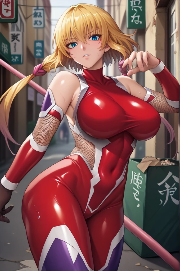  interruption source _Anime, viewers sweat a lot, 1 girl, bangs, underbust,  THIG-LENGTH SOCKS,large breasts, (taimanin suit), (two breast), , dark alleyナイトシティ,  taimanin suit, body suit, beautiful detailed eyes, ガニ股, latex, leotard, Konpaku youmu,