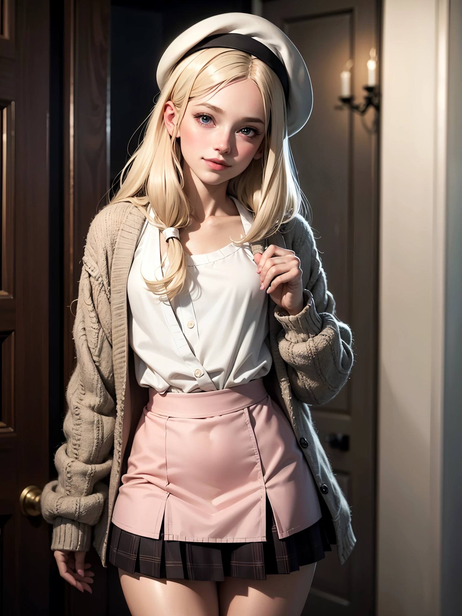 (best quality), 1boy, male, femboy, cute face, porcelain skin, blonde hair, straight hair, long hair, swept bangs, beret, cardigan, short skirt, brown eyes, perfect eyes, flat chest, smile, blush, pink lips, masterpiece, anatomically correct, highres