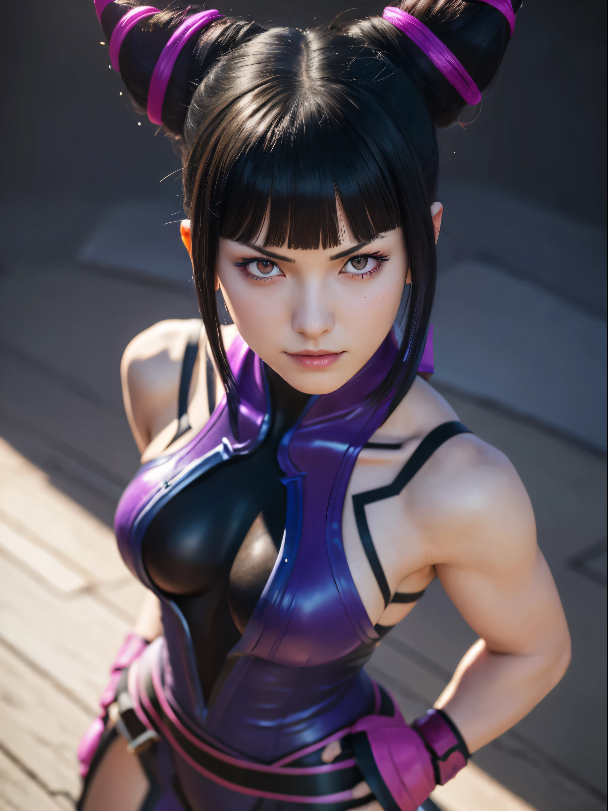 jurims, sfv, hair horns, seductive smile, (masterpiece, best quality:1.4), (standing:1.1), full body, (1girl), solo, detailed background, depth of field, volumetric lighting, sharp focus, absurdres, realistic proportions, good anatomy, (realistic, hyperrealistic:1.4), 16k hdr,