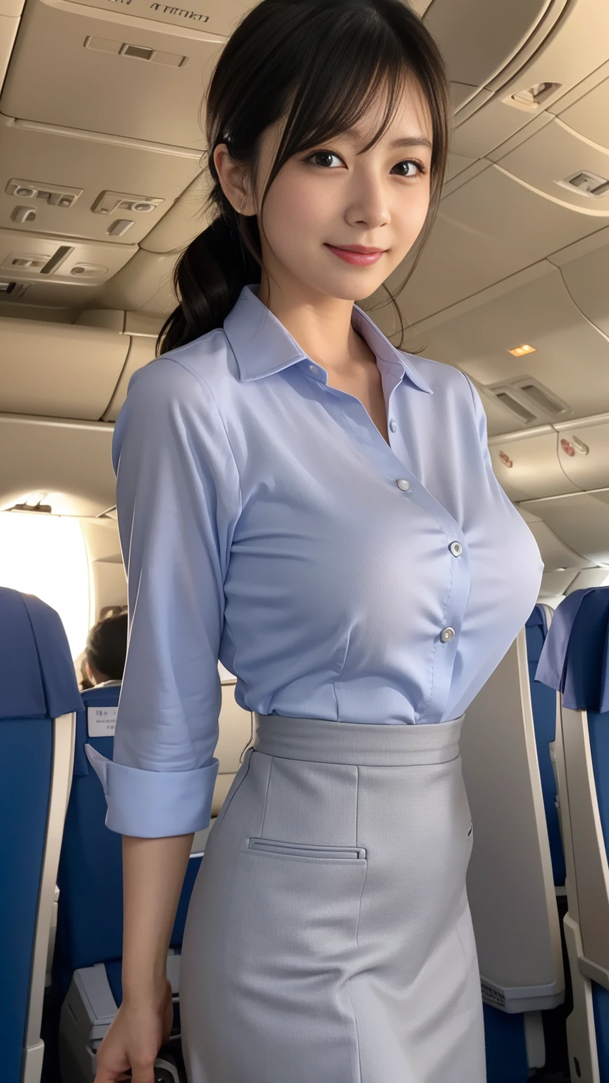 (best quality,4k,highres),ultra-detailed,realistic,cosplay, stewardess uniform, in the airport, (crowded:1.5), unbutton clothes, unbutton t-shirt, pattern batik mini skirt, skirt lift up, open legs,beautiful woman,(big breasts:1.5), show nipples detailed, dark hairy pussy, pubic hair,vivid colors,portrait,soft lighting