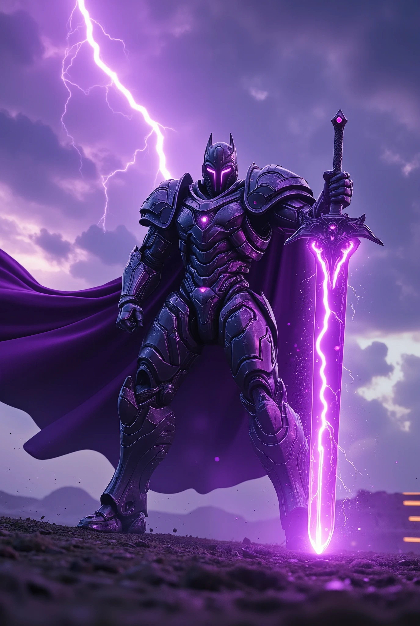 unreal engine, a full armor mecha paladin, he wear a black metal armor with glittering purple neon light and purple cloak, he holding a great sword with bright purple neon light, fighting stance, cinematic lighting, sharp focus, metal reflection