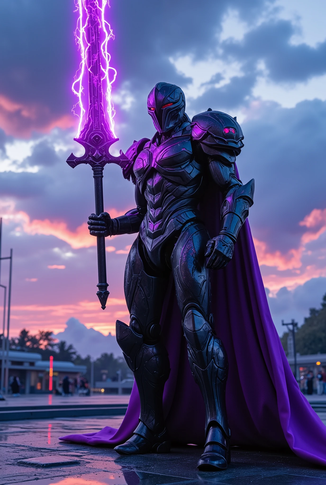 unreal engine, a full armor mecha paladin, he wear a black metal armor with glittering purple neon light and purple cloak, he holding a great sword with bright purple neon light, fighting stance, cinematic lighting, sharp focus, metal reflection