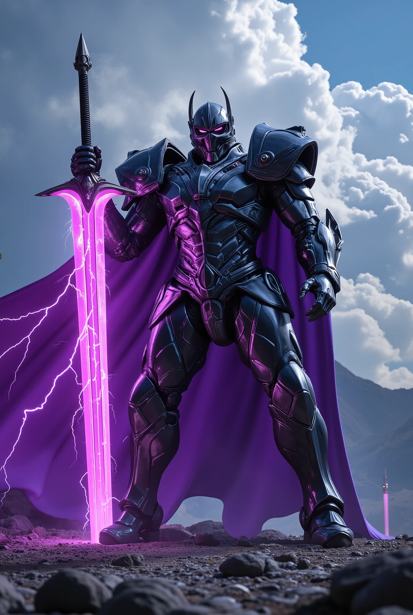 unreal engine, a full armor mecha paladin, he wear a black metal armor with glittering purple neon light and purple cloak, he holding a great sword with bright purple neon light, fighting stance, cinematic lighting, sharp focus, metal reflection